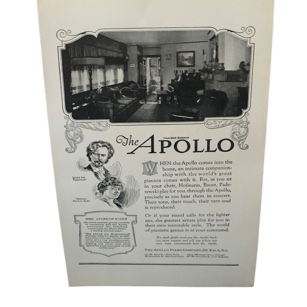 Vintage 1922 Apollo Piano Company Ad Advertisement